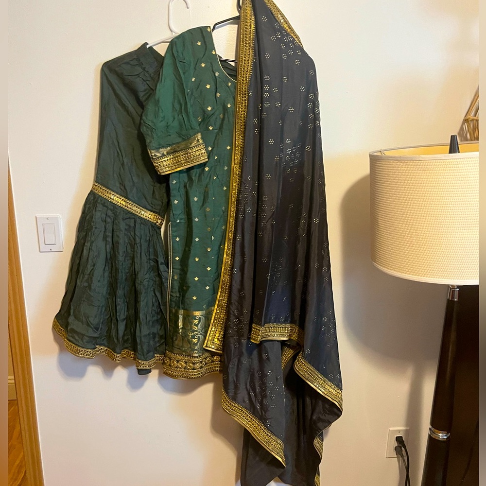 Garara in Green and grey Traditional Outfit with Gold gottapatti